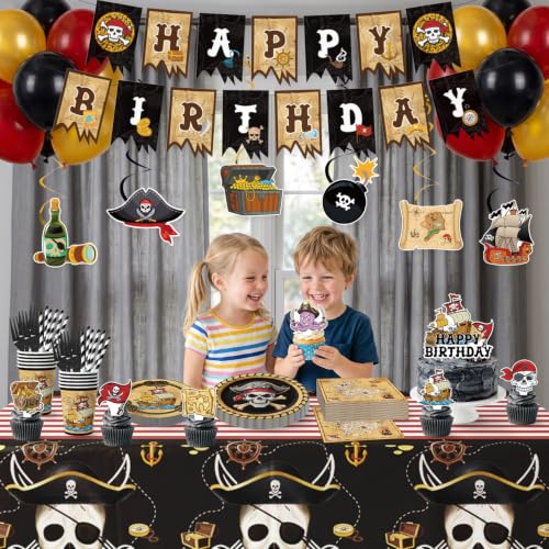 Pirate Party Decorations Set - Pirate Variation with Banner, Swirls, Plates, Napkins, Cake Topper