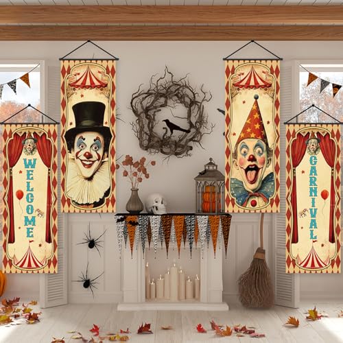 Vintage Halloween Carnival Banners Set with Clown & Circus Themes - 4 Pieces
