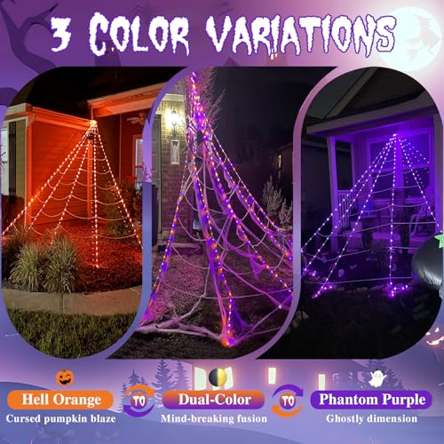 Halloween Spider Web Lights 17FT Giant Net with 290 LEDs & 8 Modes - Purple & Orange Variation