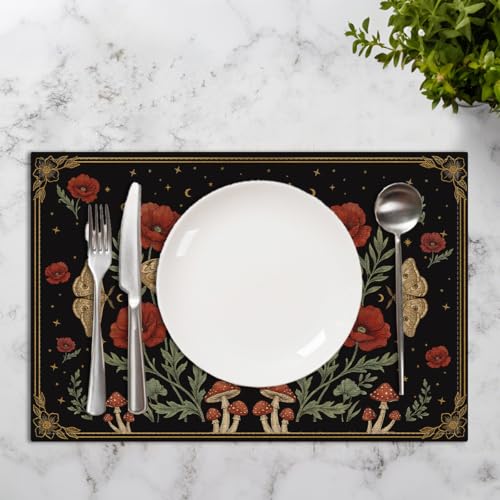 Black Poppy Moth & Moon Placemats Set of 4 - Floral Spring Table Mats