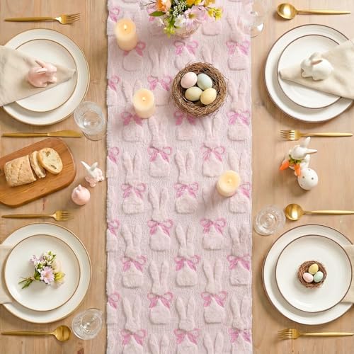 Pink Soft Plush Faux Fur Bunny Bow Easter Table Runner 13x72 Inch for Spring Holiday Decor