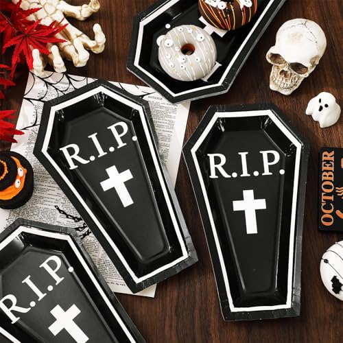 Halloween Coffin-Shaped Paper Plates - 24 Pack, Black & White Disposable Dinnerware, 9.8 x 5.9 in - Normal