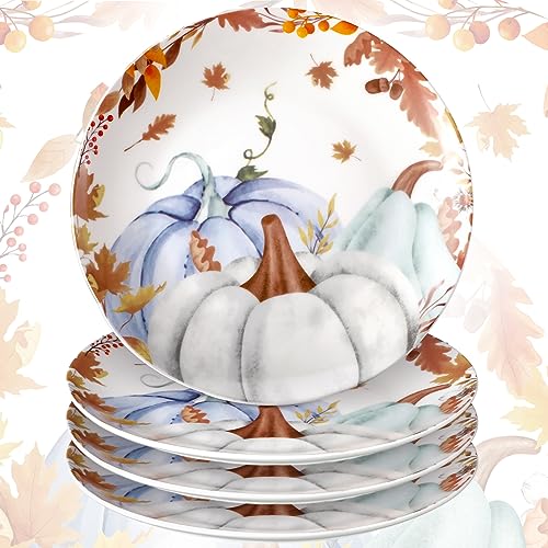 Uiifan 4 Piece Thanksgiving Ceramic Dinner Plates with Pumpkin Pattern - Autumn Tableware