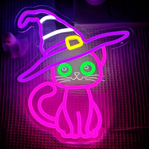 Halloween Cat Neon Sign Dimmable Multi-Color LED Halloween Decoration with Variation - White, Purple, Yellow, Green, Pink