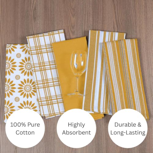 Kitchen Towels Set of 5 - 100% Cotton Dish Cloths with Hanging Loop - Mustard Yellow