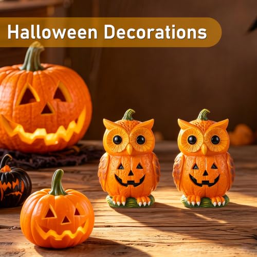 Halloween Pumpkin Owl Resin Decorations Set of 2 - Jack-O'-Lantern Variations
