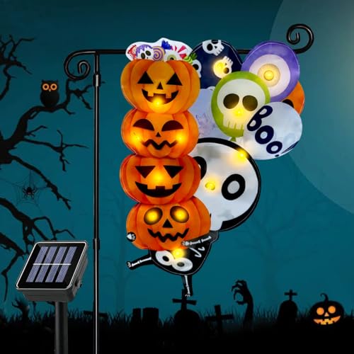 Halloween Solar Lighted Garden Flag Skeleton & Pumpkin Double Sided 12x18 Inch - Ghost Skull Variation