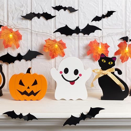 Halloween Wooden Centerpiece Sign Set - Ghost Pumpkin Cat - Indoor Decor