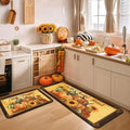 Fall Pumpkin Sunflower Kitchen Rugs Set of 2 Brown 17x47 & 17x30 Inches - Thanksgiving Decor
