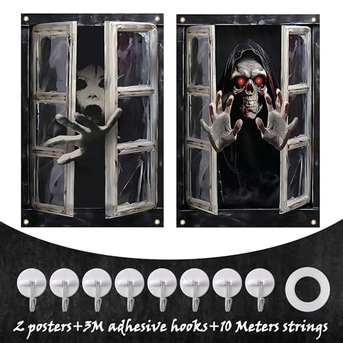 Halloween Window Cover Poster Ghost & Skull - Spooky Ghost Curtain Decoration - 2 Pack