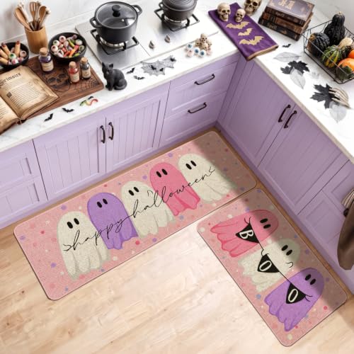Halloween Ghost Kitchen Rugs and Mats Set of 2 - Rectangular 1.5x3.9 ft - Non-slip Floor Decor