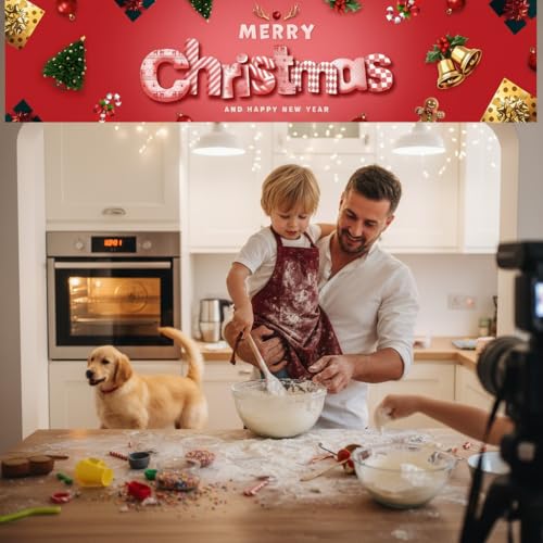 Christmas Party Banner and Backdrop Set Pink - Indoor & Outdoor Decoration with Ribbons - Variation of Christmas Red 2