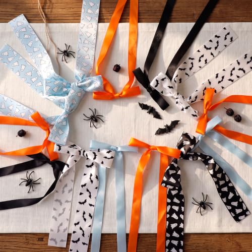 Halloween Bow Garland Banner - Orange Blue Ghost Bat Decor, 13 Bows, 6.88 ft