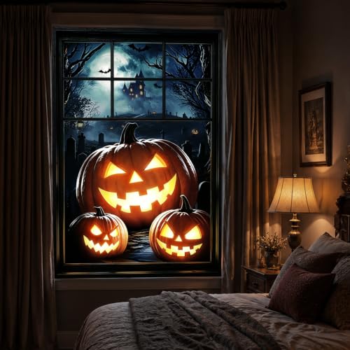 Halloween Window Cover Decor Bunny Chorus Spooky Pumpkin Graveyard Scene - 32x48 Inches