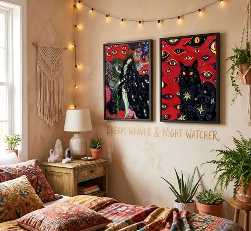 Hippie Black Cat Wall Art Canvas Posters - Mystical Animal Eyes Stars Set - 24x16 Inches, Framed Style