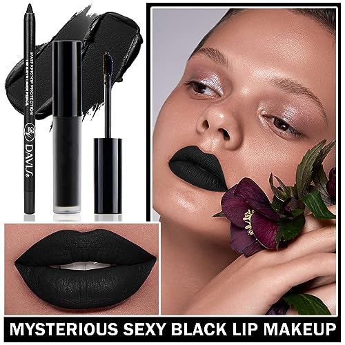 Black Matte Lipstick & Lip Liner Set - Bold, Long-Lasting Waterproof Lip Makeup - Variation: Black