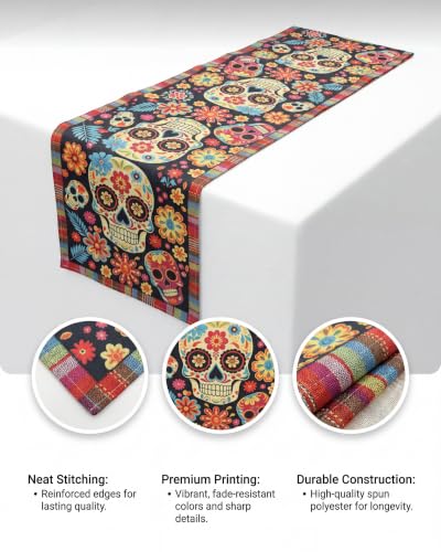 Dia De Los Muertos Table Runner - Sugar Skull Floral Linen 13x72