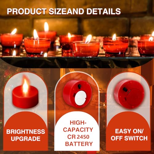 Remote Control Flameless Tea Light Candles 24 Pack - Flickering LED, Long Lasting 400+ Hours, Safe Home Decor, Red