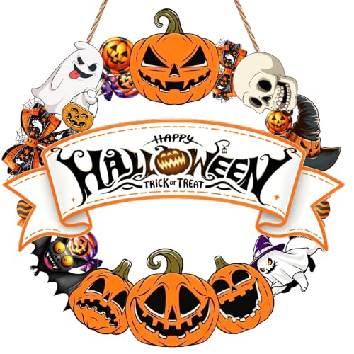 Halloween Wooden Wreath for Front Door - Spooky Decor with Ghosts Bats & Pumpkins