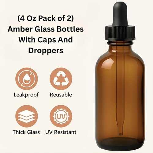Onisavings (4 Oz Pack of 2) Amber Glass Bottles With Caps And Droppers – Refillable Containers For Essential Oils, Serums, Tinctures, Diy Skincare, And Liquid Storage.