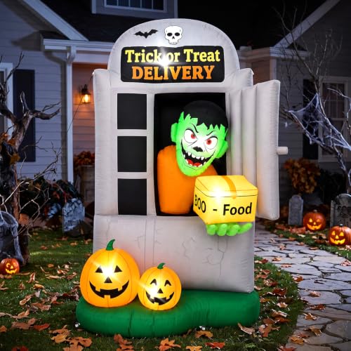 7FT Halloween Inflatable Zombie Delivery Man Outdoor Yard Decor with Lights