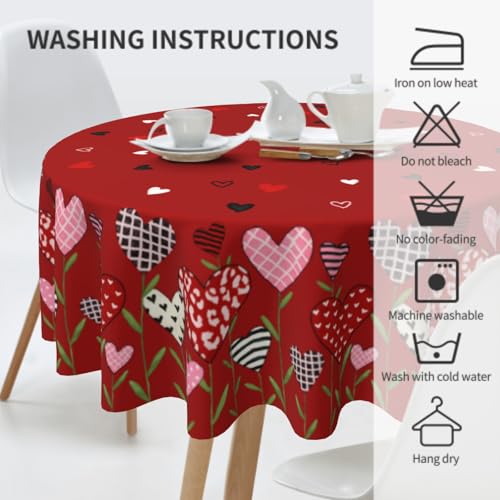 Plaid Love Hearts Valentine's Day Round Tablecloth 60 Inch Water-Resistant Washable Fabric Red Pink Black