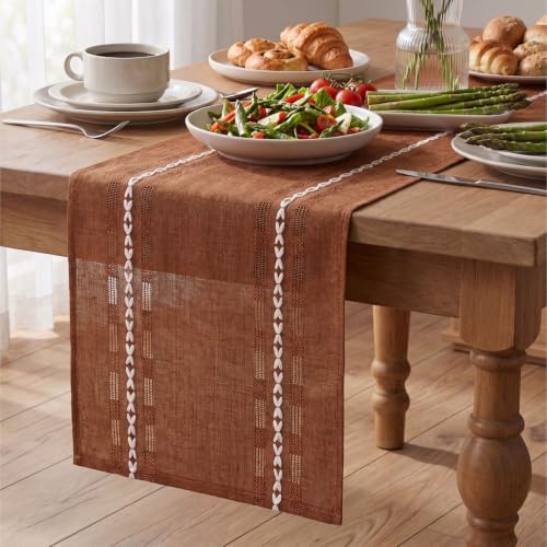 Farmhouse Caramel Embroidered Table Runner 13x48 Inch - Fall Rustic Kitchen Decor