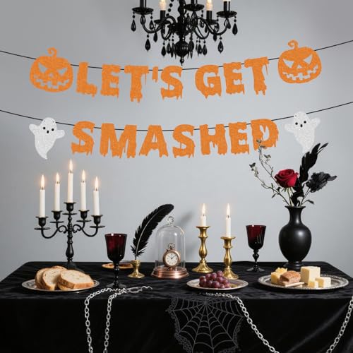 Halloween Banner Let's Get Smashed - Glitter Orange Pre-Strung Party Decoration with Ghost & Pumpkin, Scary Theme, Easy Setup