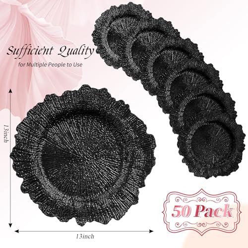50 Pack Black 13-Inch Reef Charger Plates - Elegant Disposable Tableware