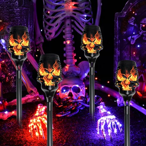 Halloween Solar Skull Stake Lights - Orange 8 Pc Pathway Decor