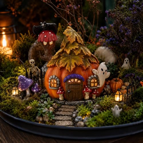 LED Light Up Pumpkin House - Halloween Fairy Garden Decor - Orange-1
