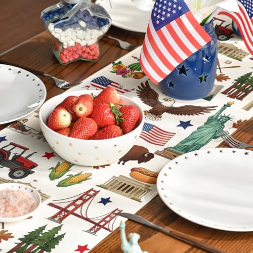 American Flag Map Eagle 13x48 Inch Table Runner - 4th of July Memorial Day Decor Beige