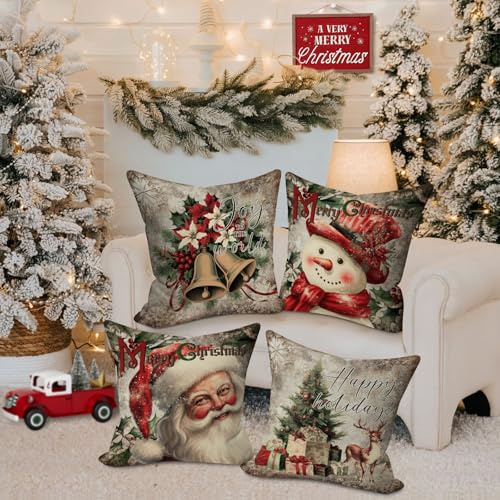 Green 26x26 Holiday Throw Pillow Covers Set of 4 - Xmas Xmas Decoration Cushion Santa Snowman Winter Home Decor