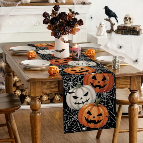 Halloween Jack-O'-Lantern Pumpkin Table Runner - 13x60 Inch Fall Kitchen Decor - Spider Web Bat Design - Artscope
