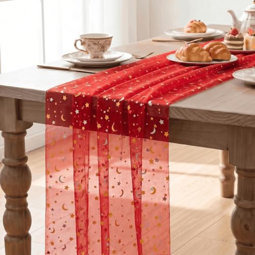 Red Gauze Stars Moon Table Runner 28x120 Inch Glitter Metallic Sheer Decor