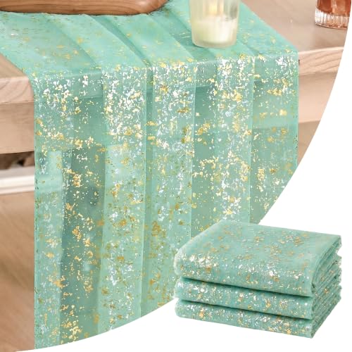Turquoise Gauze Gold Table Runner 10FT 3-Pack - 28x120 Inch Wedding Holiday Decor
