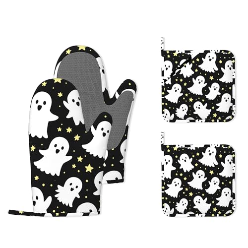 Halloween Ghosts Heat-Resistant Silicone Oven Mitts & Pot Holders Set - Long Non-Slip Kitchen Gloves