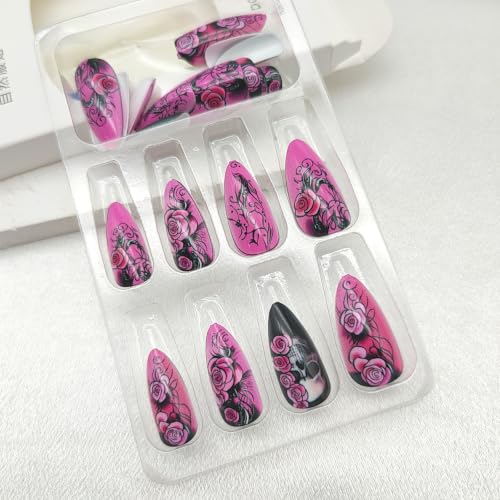 Halloween Press On Nails Medium Almond Skull Flower Floral Design 24Pcs - Black Pink