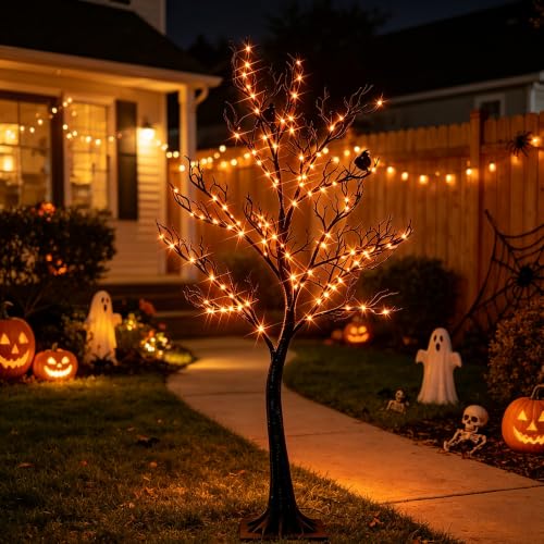 Lighted Halloween Tree with 150 Orange Fairy Lights, 4FT Spooky Black Indoor Outdoor Decor