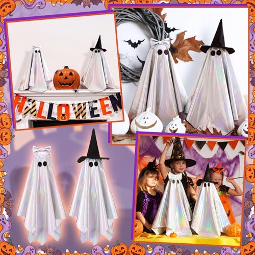 Halloween Iridescent Ghost Decorations with Witch Hat & Bow - 2pcs Indoor Decor