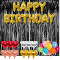 Black Birthday Party Decorations Kit with Foil Banner & Balloons - Includes Tinsel Curtains & Heart Balloons