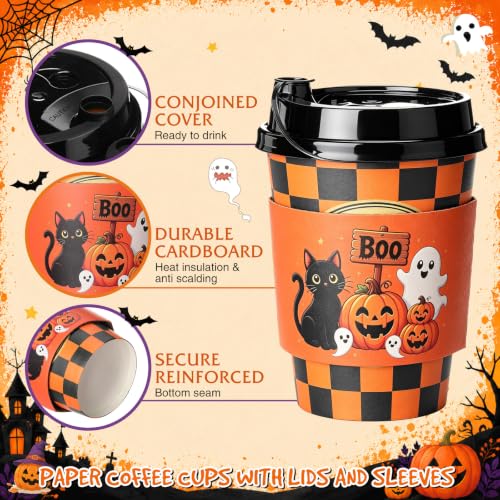 Umigy 100 Pack Halloween Disposable 12oz Coffee Cups with Lids & Sleeves - Classic Style