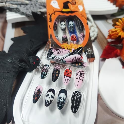 Halloween 36 Press-On Nails Spider Web Skeleton Skull Medium Almond Fake Nails Set - Pink