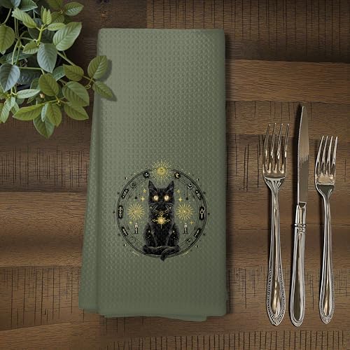 Mystical Black Cat Kitchen Towels - Boho Witchy Celestial Dish Tea Hand Towels - 19child