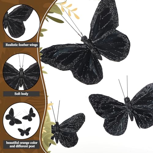 Black Feather Butterfly Wall Decor Set - 36 Monarch Decorations, 3 Sizes, Indoor & Outdoor Use (Variation: Black / 36)