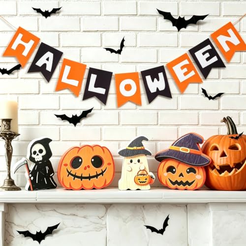 Halloween Wooden Decorations Set - Ghost Pumpkin Witch - 4 pcs, Indoor Festive Decor - Pumpkin Variation