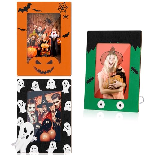 Halloween Picture Frame Set - 3 Wooden 4x6 Inch Frames with Fall & Bat Designs