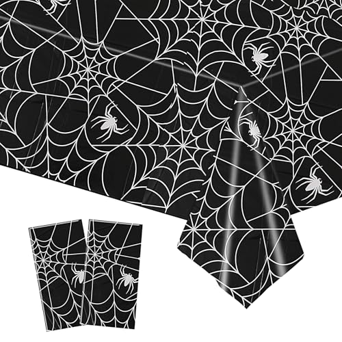 2 Pack Halloween Plastic Tablecloth 54x108 Inch Spider Web Spillproof Cover - Black