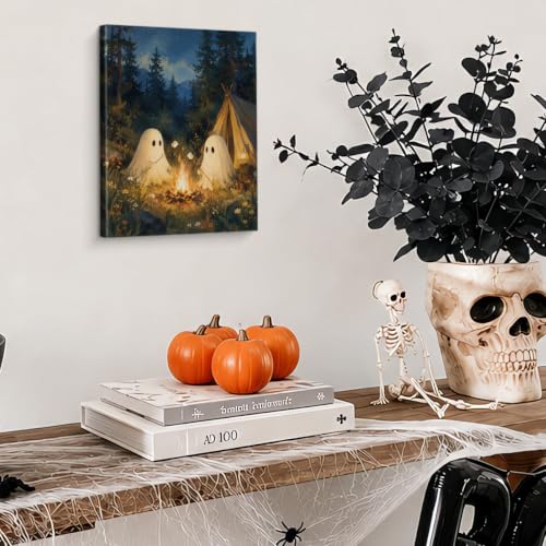 Halloween Ghost Wall Art Canvas Print - Framed Forest Campfire Scene - Variation of Halloween-13