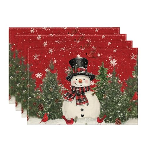 Christmas Placemats Set of 4 - 12 x 18 Inch Holiday Rustic Table Decor - Red Variation